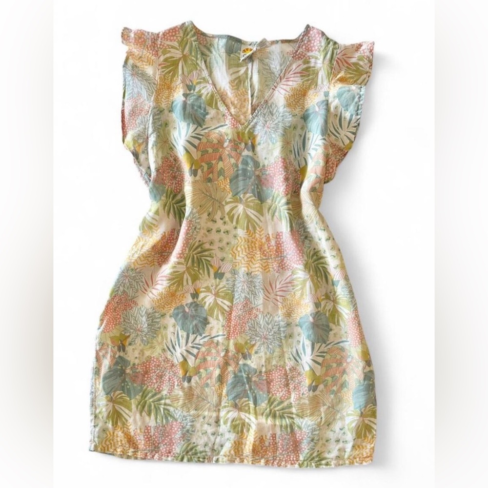 C&C California Tropical Floral Linen Blend Shift Dress Ruffle Sleeve XL - Picture 2 of 7